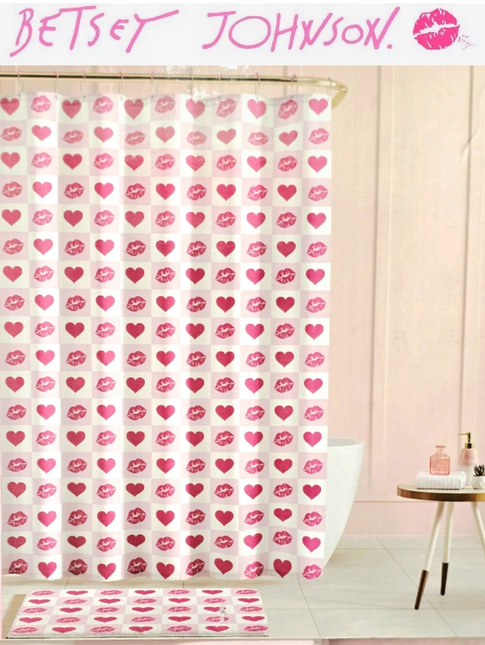 Betsey Johnson Heart & Kiss Pattern Multi-Piece Shower Curtain & Bath Rug Set